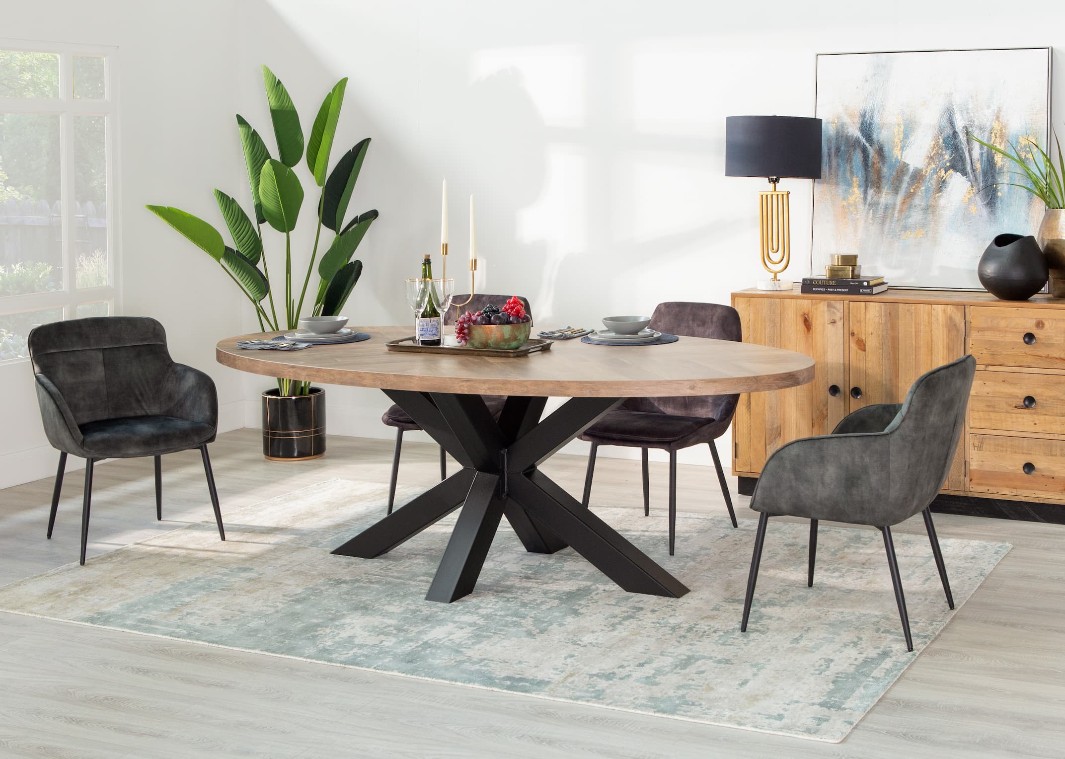 medium oval teak chevron dining table - titan - ez living furniture