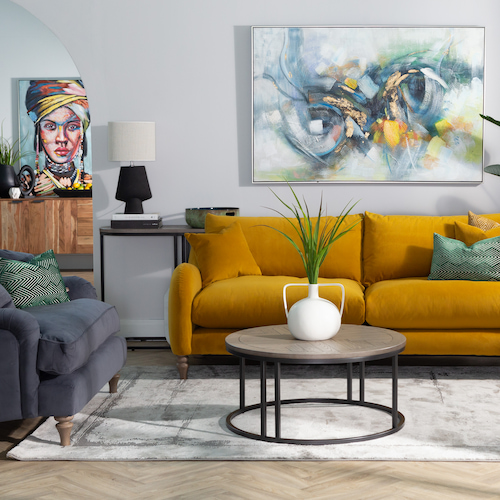 Reuben yellow velvet sofa from EZ Living Furniture.